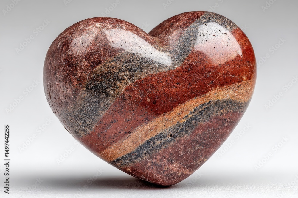 Poster heart-shaped stone carved from natural materials with unique patterns and colors displayed against a