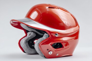 Bright red baseball helmet on a plain background showcasing safety equipment for players in various sports activities