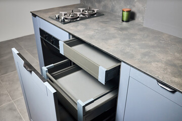 Pull out rack cabinets drawers. Flush up slip handle finger pull handle of drawers for dishes,...