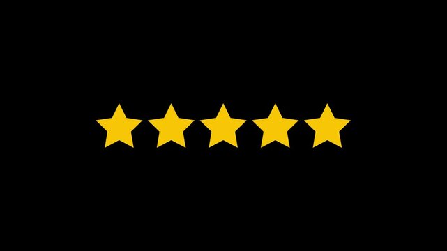 Special with rating star icon animation. Golden glowing five star flat symbol animation with transparent black background. Customer feedback, 5 star rating 4k