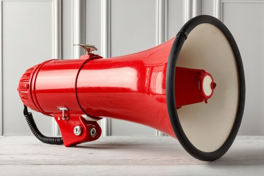 Bright red megaphone resting on a wooden surface against a light gray wall