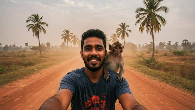 Young man joyfully posing with a monkey on his shoulder on a dirt road surrounded by palm trees - selfie with monkey