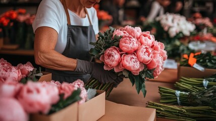 Florist crafting beautiful pink peony bouquets in a vibrant floral shop during the day