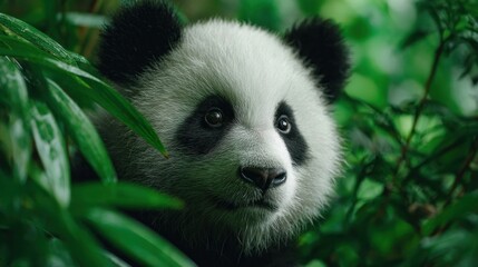 Obraz premium Charming Portrait of a Young Panda Amidst Lush Green Bamboo Forest