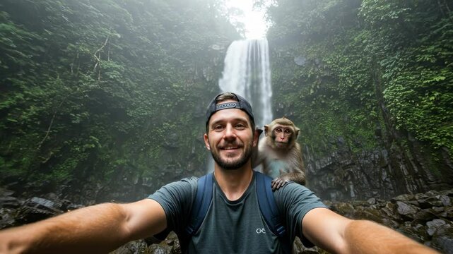 Young man taking a selfie with a monkey at a lush waterfall surrounded by dense jungle foliage - selfie with monkey