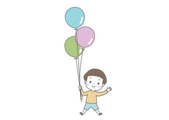 たくさんの風船を持って手を振っている子供