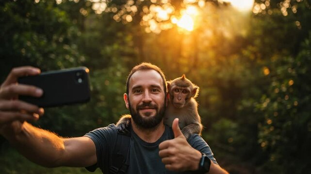 Man taking a selfie with a monkey on his shoulder during sunset in a lush forest - selfie with monkey