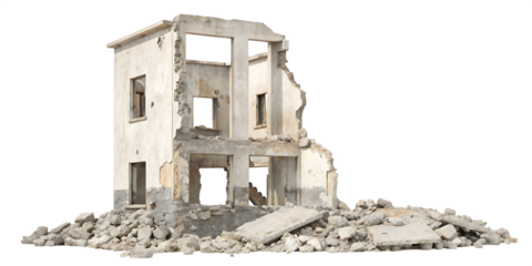 Destroyed building debris isolated on a white background png ai generated