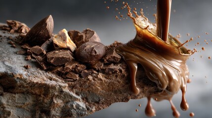 Fototapeta premium Delicious Melted Chocolate Pours Over Chocolate Pieces on a Rough Rock Surface