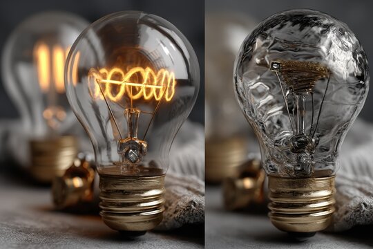 Illuminated Vintage Edison Bulbs on Grey Textile Background Two glowing light bulbs showcase intricate filament detail