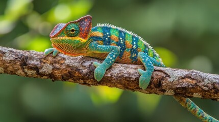 Fototapeta premium Colorful Panther Chameleon Resting on Branch in Madagascar Rainforest Habitat