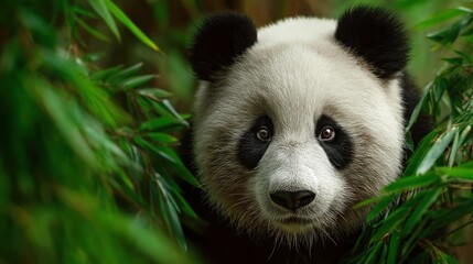 Fototapeta premium Intimate Encounter: Giant Panda Peering Through Verdant Bamboo Foliage