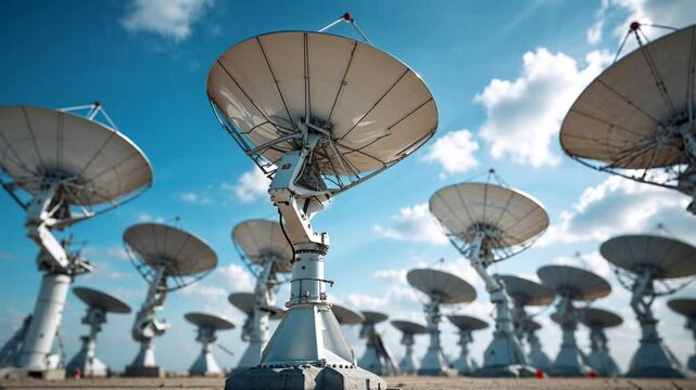 Satellite antennas stand tall under a bright sky at a telecommunications facility in the countryside