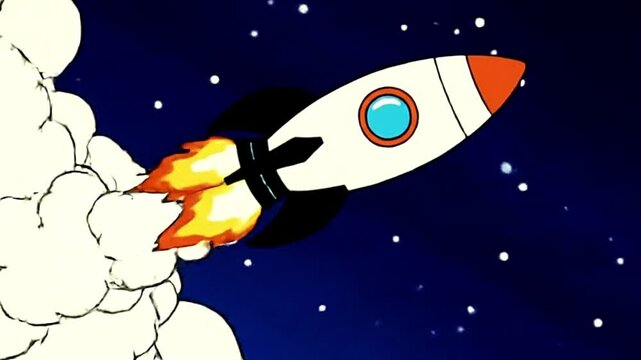 Retro cartoon rocket launch animation in 4K with alpha channel. Vintage space shuttle blasting off into space with smoke trail. video for motion graphics and VFX