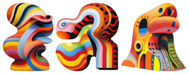 PNG Colorful abstract sculptures with vibrant, wavy patterns element set on transparent background.