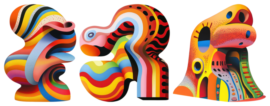 PNG Colorful abstract sculptures with vibrant, wavy patterns element set on transparent background.