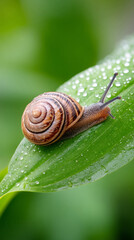 Snail crawling on a dew-covered leaf in morning macro photography
