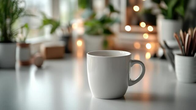 White ceramic mug on modern white office desk in natural light, with green indoor plant laptop in soft focus. Concept of morning routine, workspace inspiration,branding mockup with copy space