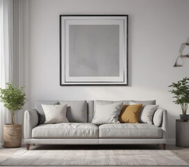 Grey couch, white wall, framed posters, stylish pillows , aesthetic, contemporary, wall art
