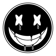 Abstract smiley face dripping x eyes minimalist black and white silhouette on white background