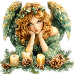 Angel with wings for a festive paper card, illustration for a children's fairy tale. Angel leaning over Advent candles.