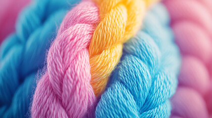 Close-up of colorful braided yarn, vibrant colors of blue and pink with yellow threads .
