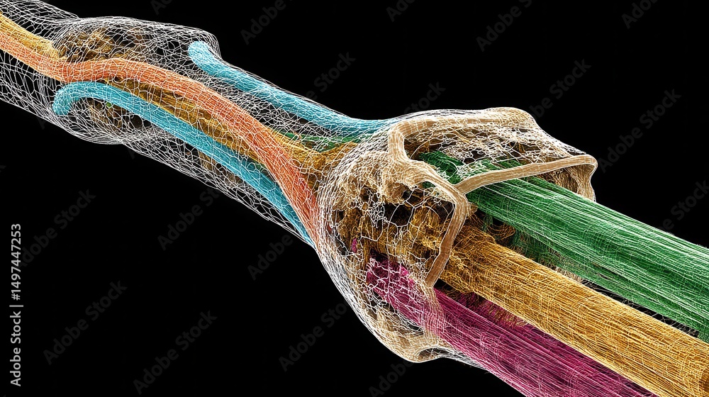 Poster color-coded 3d rendering of a nerve bundle cross-section, showing axons, myelin sheaths, and connect