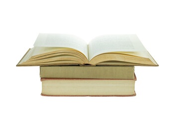 Old books are stacked and open isolated on white background with clipping path.