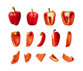 Collection of whole, sliced red fresh bell pepper isolated on white background. With clipping path. Cut out outline sweet pepper for your design, mockup for advertising. Organic vegetable, food