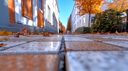 Brick Road with Falling Leaves in Residential Neighborhood