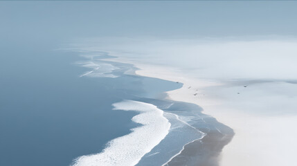 aerial view of serene mirrorlike ocean surface shrouded in thick fog creating mystical atmosphere