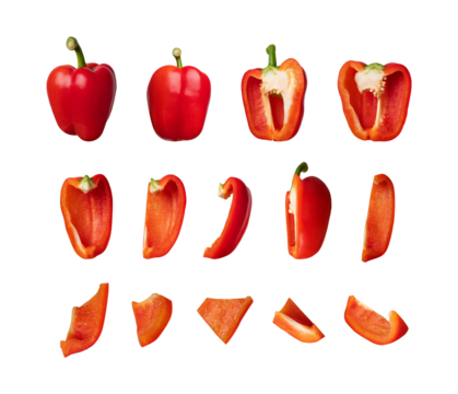Collection of whole, sliced red fresh bell pepper isolated on white background. With clipping path. Cut out outline sweet pepper for your design, mockup for advertising. Organic vegetable, food