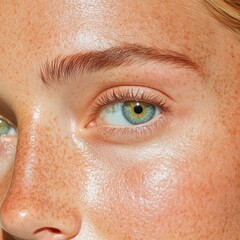 Fototapeta premium Close-up of a person's eye with freckles and glowing skin in natural light