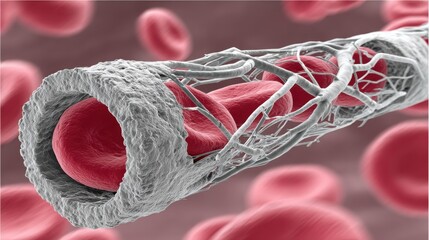 Detailed 3D medical illustration showing a red blood cell trapped in a fibrin mesh, representing clot formation during hemostasis.

