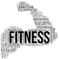 Obraz premium Fitness word cloud featuring health, training, and motivation terms. Perfect for gym visuals, personal training, wellness content, and active lifestyle branding or promotions