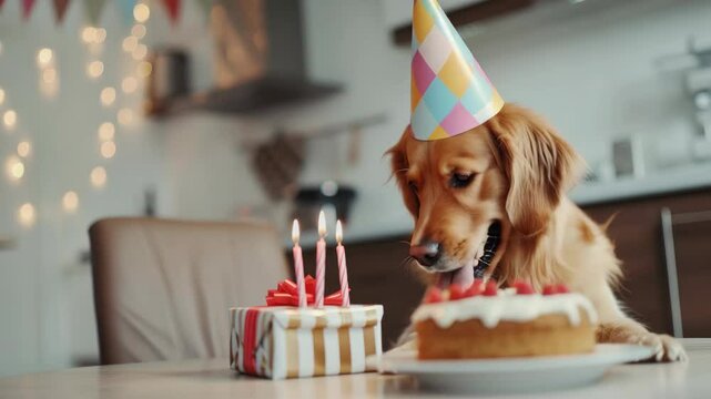 Dog enjoys its birthday with a special cake and gifts in a warm kitchen decorated for the celebration