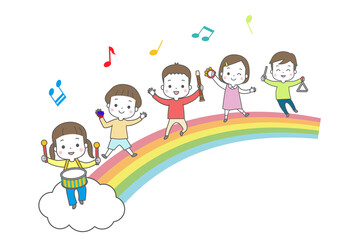 虹の上で楽しそうに楽器を演奏している子供たち