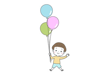 たくさんの風船を持って手を振っている子供