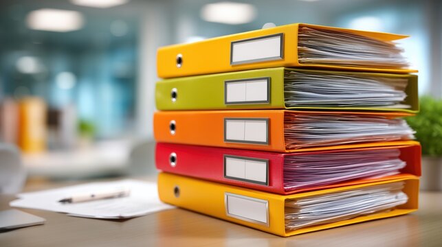 Stack of colorful office folders filled with documents on desk in bright office, symbolizing insurance files, administrative organization and paper-based recordkeeping system