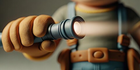 A gloved hand holding a flashlight, shining a beam of light, with a blurred background of a person in work attire.