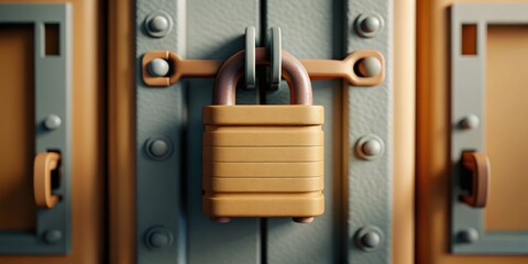 Obraz premium A sturdy brass padlock secures a metal door, symbolizing safety and protection.