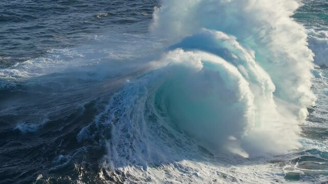 Massive ocean waves crash against rocky shore, creating impressive splashes and mist near coastal cliffs. Aerial slow motion shot of big epic waves surf crash