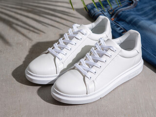 Naklejka premium Clean White Footwear with Denim - Sunlit Outdoor Scene
