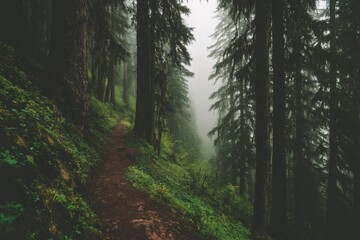 Obraz premium foggy pine forest trail with misty air and wet ground in a serene woodland setting