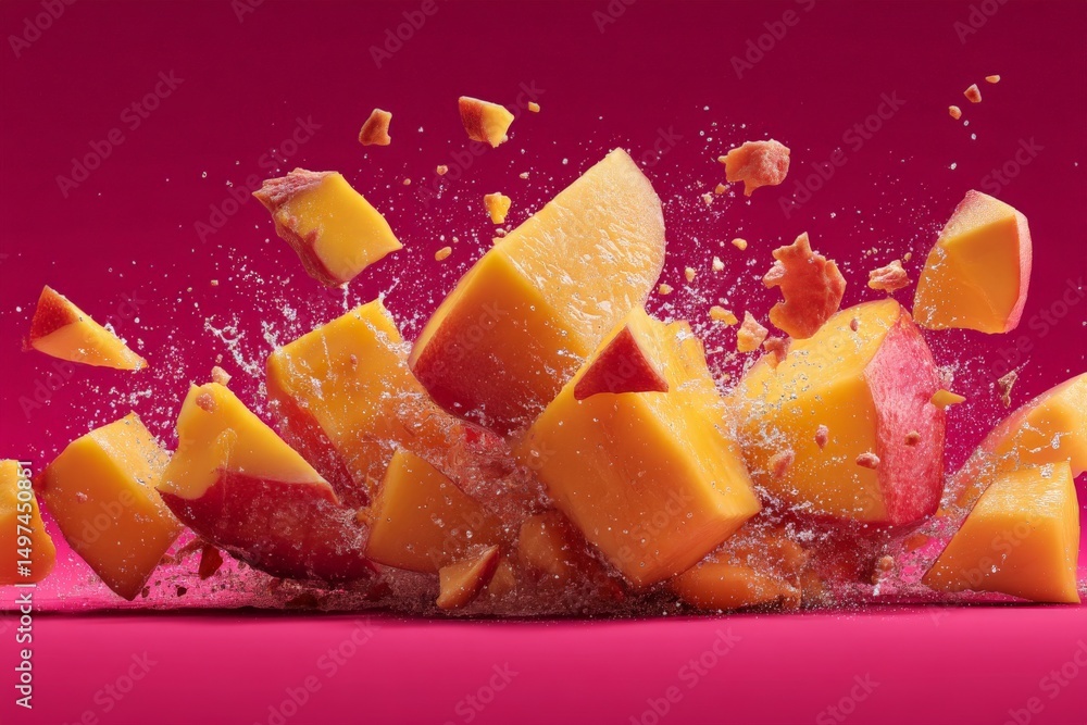 Aufkleber chunks of ripe mango exploding against a vibrant pink background creates a dynamic and colorful disp