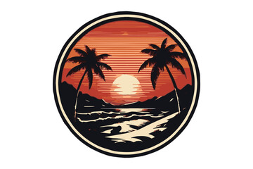 Tropical island paradise with palm trees, vector illustration of a summer beach vacation