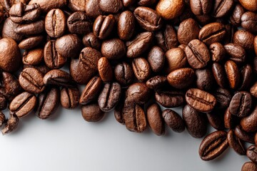 Naklejka premium Freshly roasted coffee beans scattered on a light surface showcasing rich textures and depths of brown