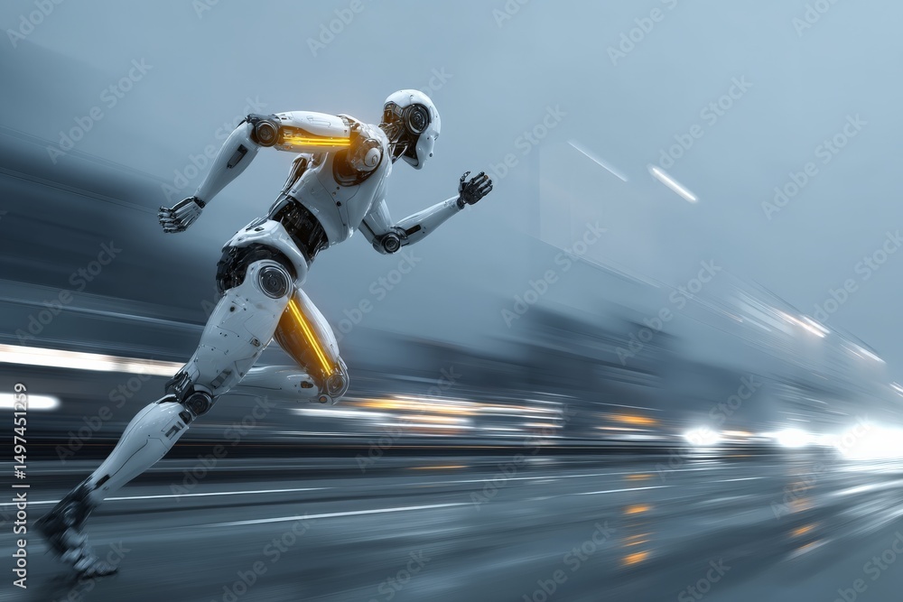 Poster futuristic robot sprinting along a blurred urban street during twilight hours displaying advanced te