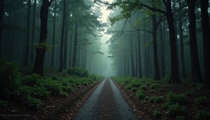 Obraz premium A pathway stretches through a dense, verdant forest shrouded in ethereal mist and quiet solitude.
