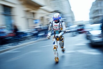 Fototapeta premium Robot races down city street while pedestrians watch in awe during a sunny afternoon
